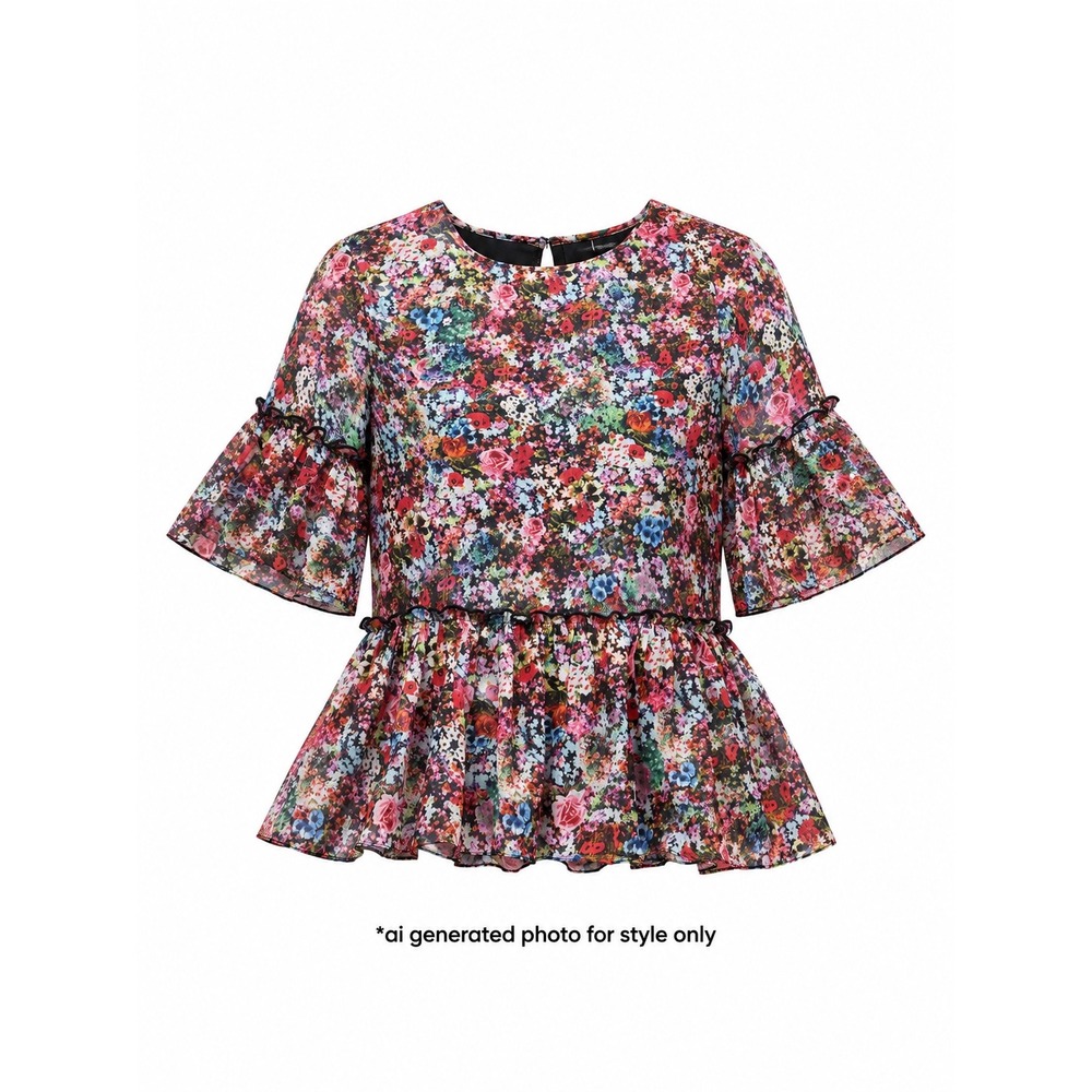 Vero Moda Floral Ruffle Bell Sleeve Peplum Blouse Womens XS Multicolor
